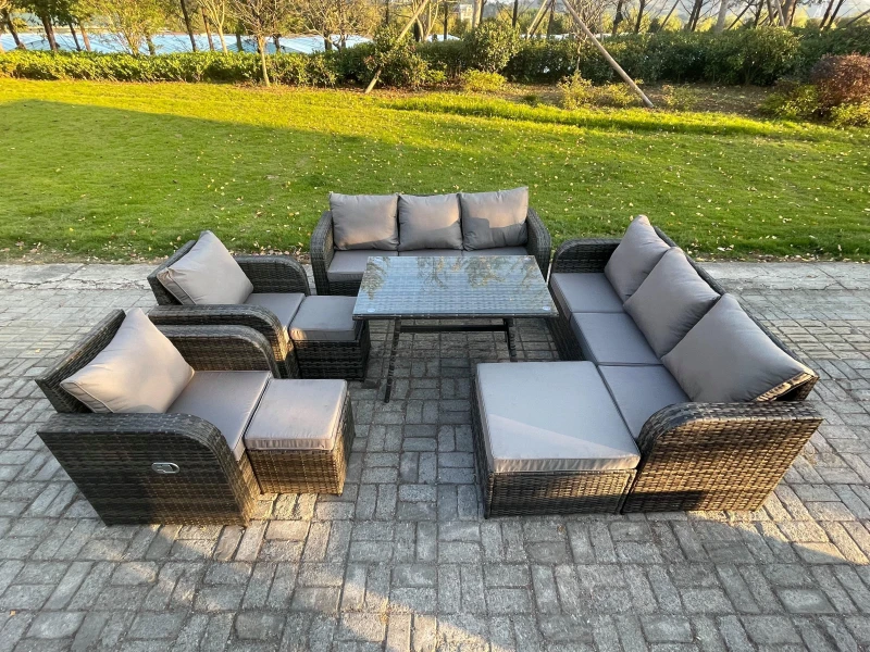Image of Fimous 11 Seater Rattan Outdoor Garden Furniture Sofa Set Patio Table & Chairs Set with 3 Seater Sofa Rectangular Dining Table Footstool Dark Grey