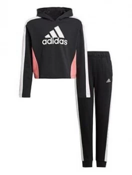 Image of Adidas Girls Hooded Crop Tracksuit - Black