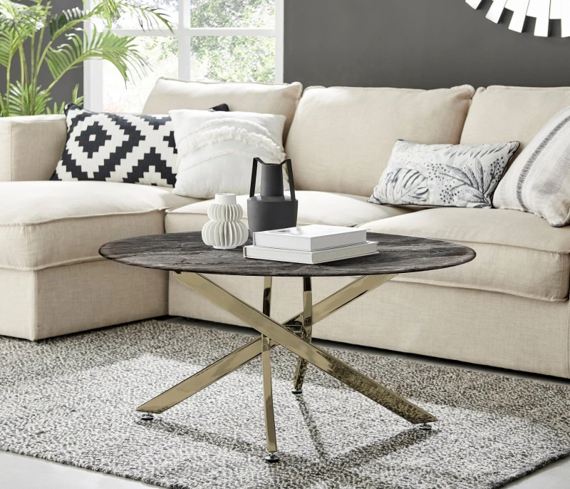 Image of FurnitureboxUK FurnitureboxUK Novara Round Marble Effect Glass Top Coffee Table With Gold Metal Starburst Legs in Grey Grey One Size Unisex 5056542693