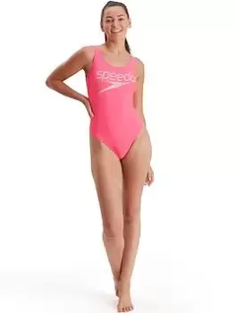 Image of Speedo Logo Deep U-Back Swimsuit, Pink, Size 30, Women