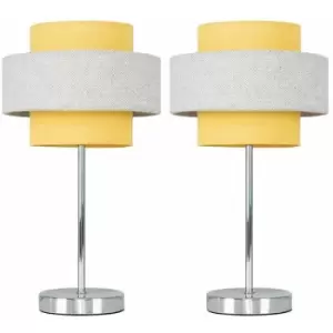 Image of Minisun - 2 x Chrome Touch Table Lamps - Mustard & Grey Herringbone - No Bulb