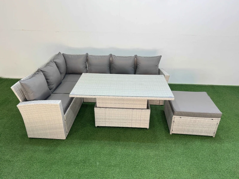 Image of Fimous 7 Seat Garden Furniture Corner Sofa with Armchair Big Footstool in Light Grey Light Grey Unisex