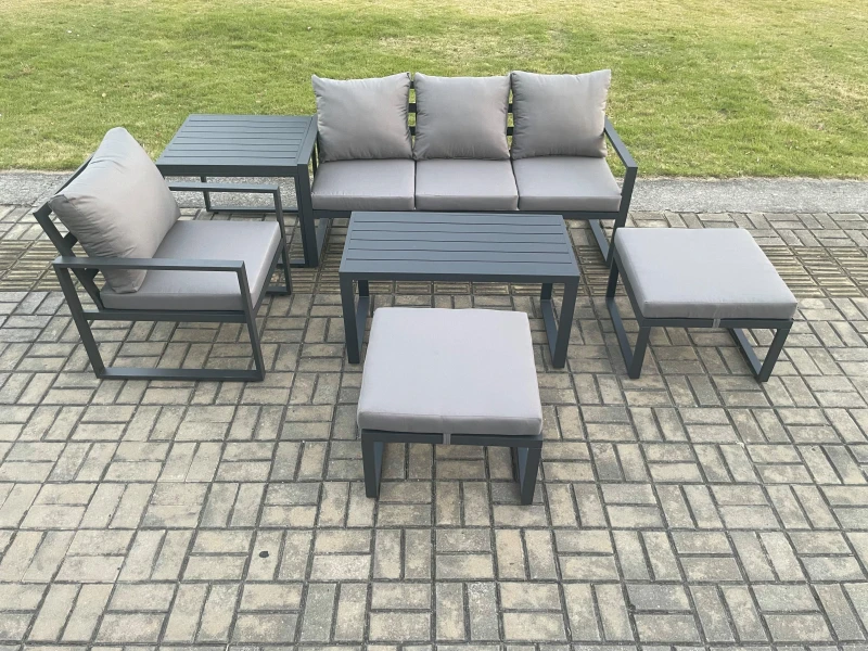Image of Fimous Aluminium 6 Pieces Garden Furniture Sofa Set with Cushions 6 Seater Outdoor Patio Set with Armchair 2 Big Footstools Side Table in Dark Grey Da