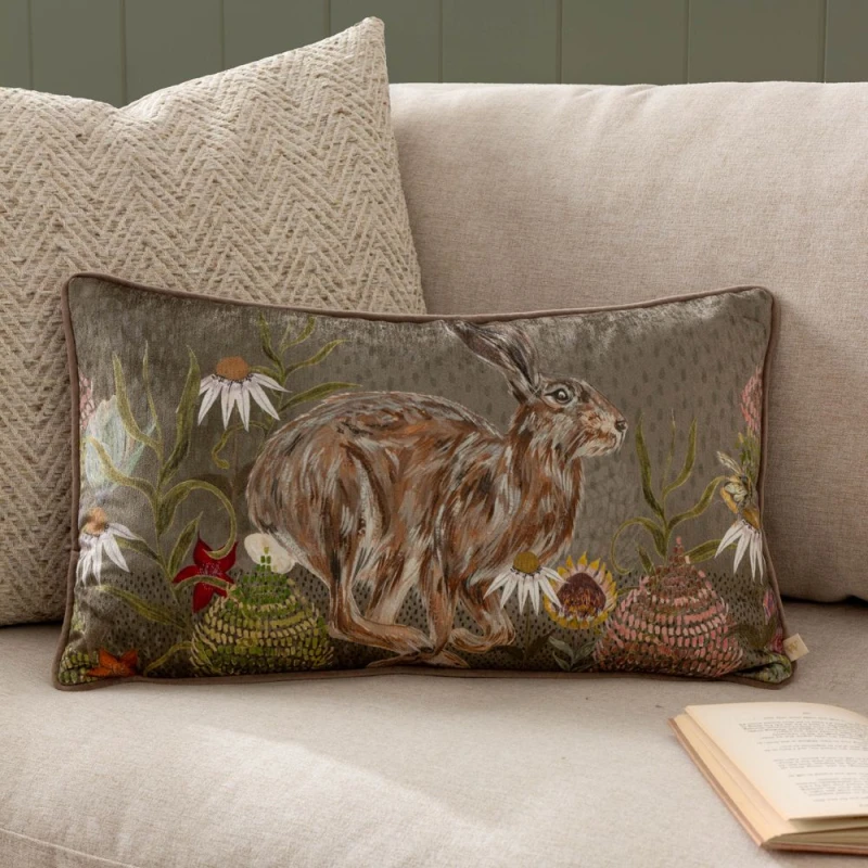 Image of Wylder Nature Meadow Bloom Hazel Hare Piped Polyester Filled Cushion Multi