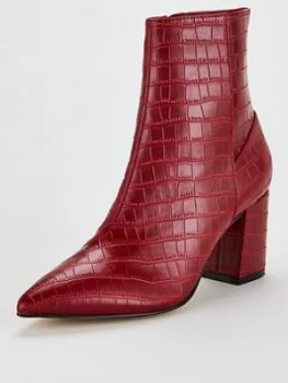 Image of OFFICE Allure Croc Point Mid Block Ankle Boots - Dark Red, Dark Red, Size 3, Women
