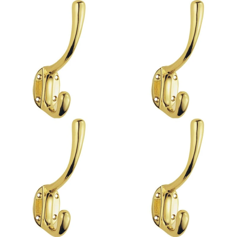 Image of Loops 4x Heavyweight One Piece Hat & Coat Hook 76mm Projection Polished Brass Metallics