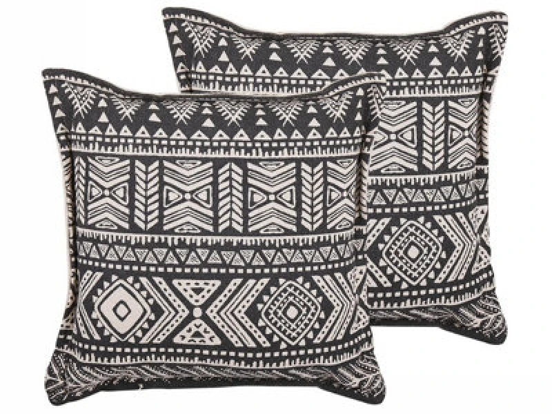 Image of Beliani Set Of 2 Decorative Cushions Sirvan Cotton 45 X 45cm Black Geometric Pattern