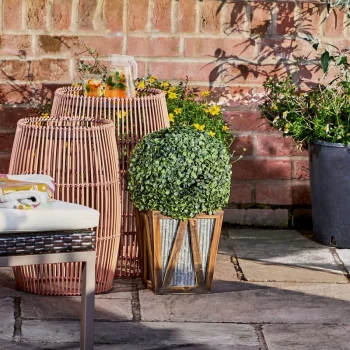 Image of Indoor Outdoor Garden Solar Light Decor, Pre Lit Automatic Artificial Faux Round Topiary Shrub Bush with Farmhouse Wooden Plant Pot - Brown - Teamson