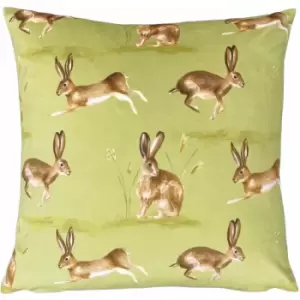 Image of Country Running Hares Print Cushion Cover, Sage, 43 x 43cm - Evans Lichfield