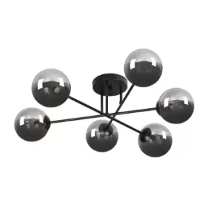 Image of Brendi Black Globe Multi Arm Semi Flush Ceiling light with Graphite Glass Shades, 6x E14