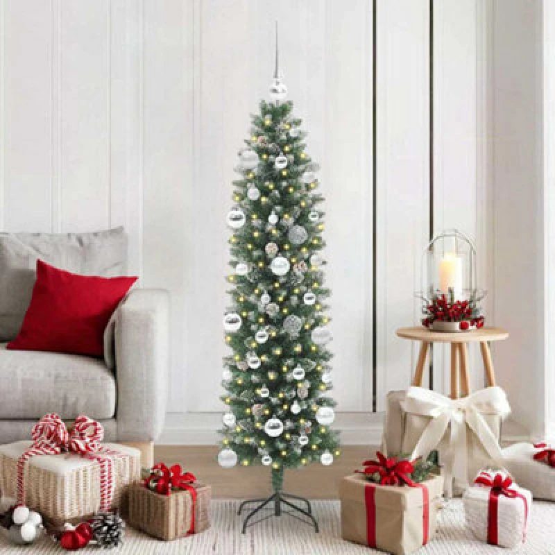 Image of vidaXL Artificial Slim Christmas Tree with Silver Balls Green and white 150 cm, Green 3395286
