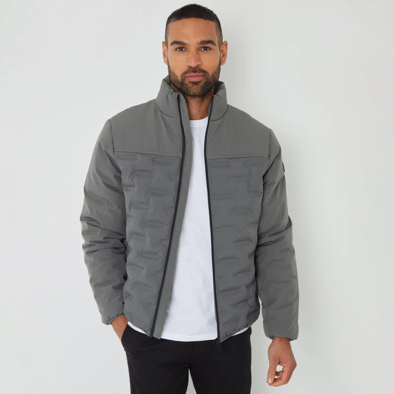 Image of Threadbare Quilted Panel Funnel Neck Jacket Mid Grey