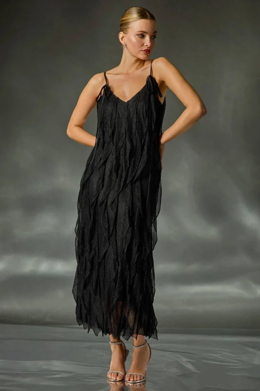 Image of Dusk Womens Frill Stretch Maxi Dress in Black Size: 10 Black Female 10