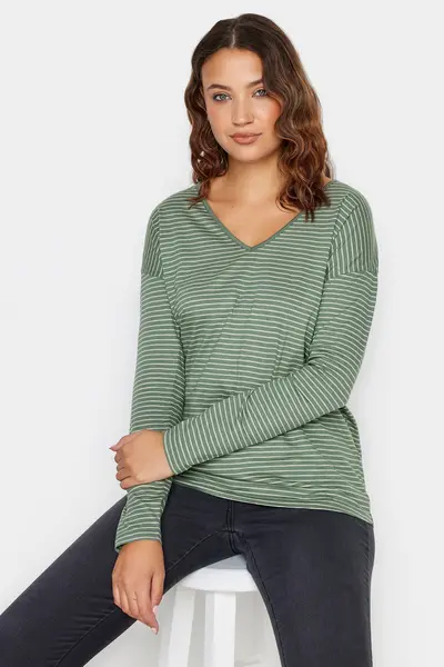 Image of Long Tall Sally Tall Stripe V-Neck Cotton T-Shirt Green