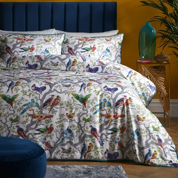 Image of Birdity 200 Thread Count Cotton Duvet Cover and Pillowcase Set MultiColoured