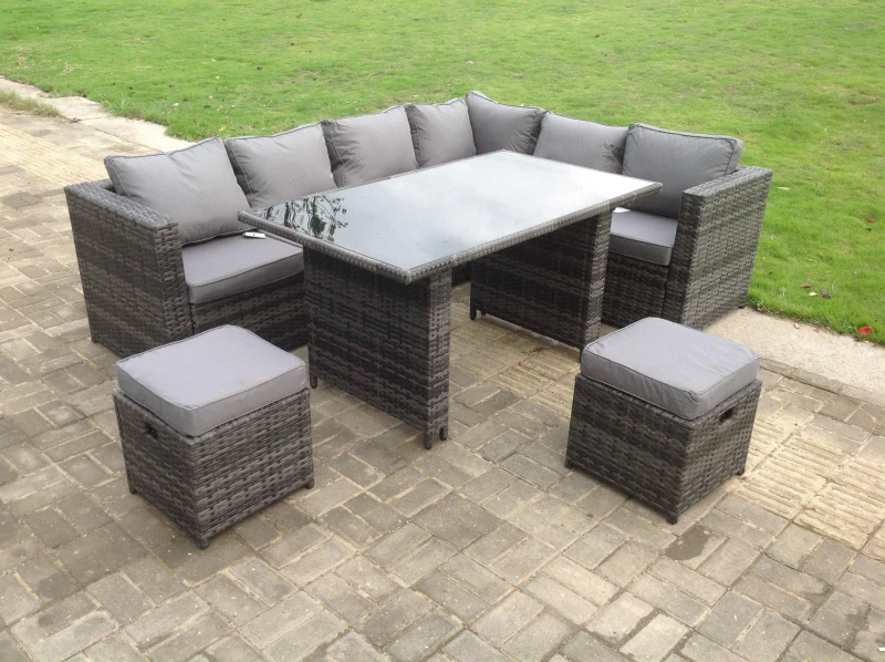 Image of Fimous Outdoor Lounge Rattan Corner Sofa Set 6 Seater Garden Furniture with Small FootStools Dark Grey