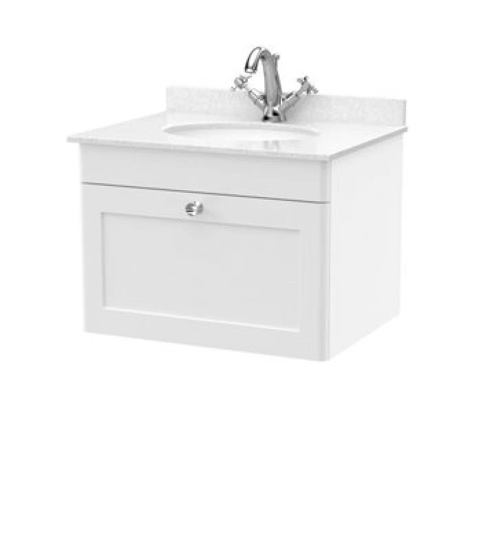 Image of Nuie Classique Wall Hung 1 Drawer Vanity Unit & 1 Tap Hole White Marble Top With Oval Basin, Stylish Sink Vanity Unit In Satin