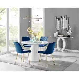 Image of Furniture Box Palma White High Gloss Round Dining Table and 4 Navy Pesaro Gold Leg Chairs