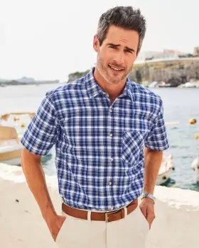 Image of Cotton Traders Mens Short Sleeve Twill Check Shirt in Blue