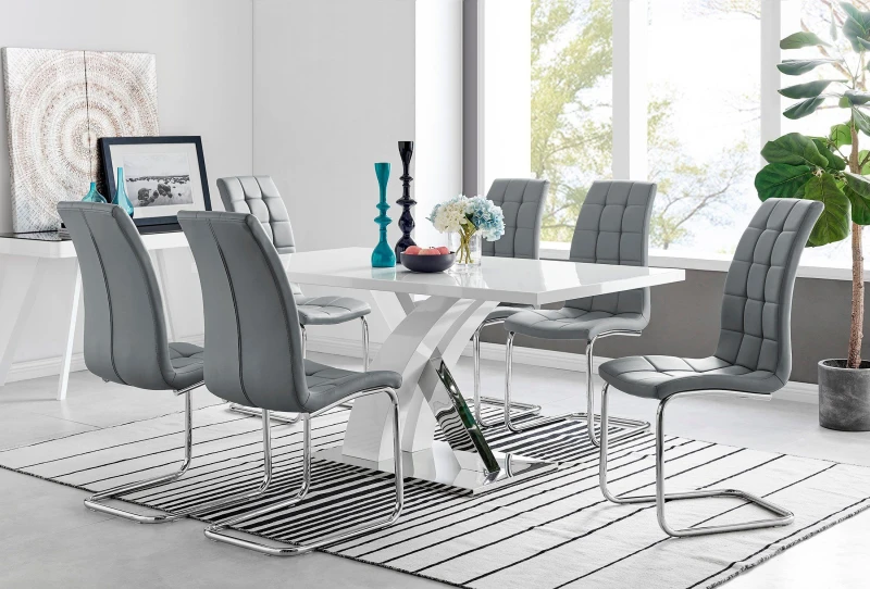 Image of FurnitureboxUK FurnitureboxUK Atlanta Modern Rectangle Chrome Metal High Gloss White Dining Table And 6 Murano Chairs Set in Grey Grey One Size Unisex