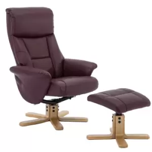 Image of Teknik Montreal Recliner with a Swivel Recline Function, Natural Wood Five Star Base and Matching Footstool - Burgundy PU