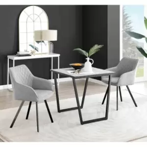 Image of Furniture Box Carson White Marble Effect Square Dining Table and 2 Light Grey Falun Black Leg Chairs
