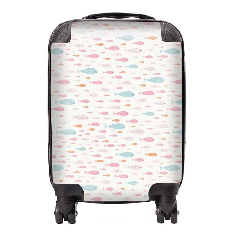 Image of Warren Reed - Designer Hand Drawn Swimming Fish Suitcase in Pink Size: Medium Pink Unisex Medium