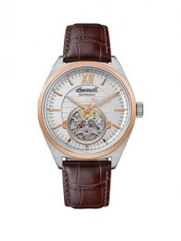 Image of Ingersoll Ingersoll The Shelby Silver And Rose Gold Skeleton Eye Automatic Dial Brown Leather Strap Watch