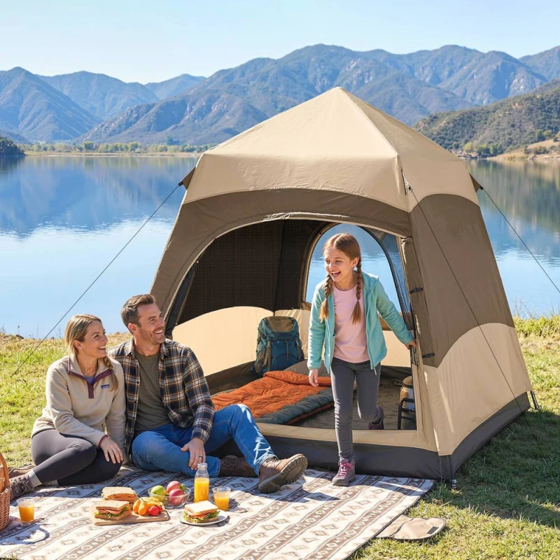 Image of OUTSUNNY Double Layer Pop Up Tent with Rainfly, Portable Camping Shelter in Brown Brown Unisex
