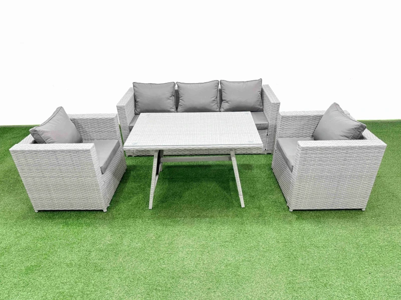 Image of Fimous Outdoor PE Rattan Sofa Armchair Set with Light Grey 5 Pieces Light Grey Unisex