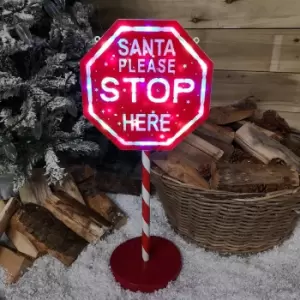 Image of 65cm Light Up Christmas Red and White Santa Stop Here Outdoor Sign with 45 Multi Colour LED