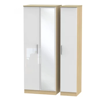 Image of Robert Dyas Kirkhill Ready Assembled Tall 3-Door Mirrored Wardrobe -White Pine