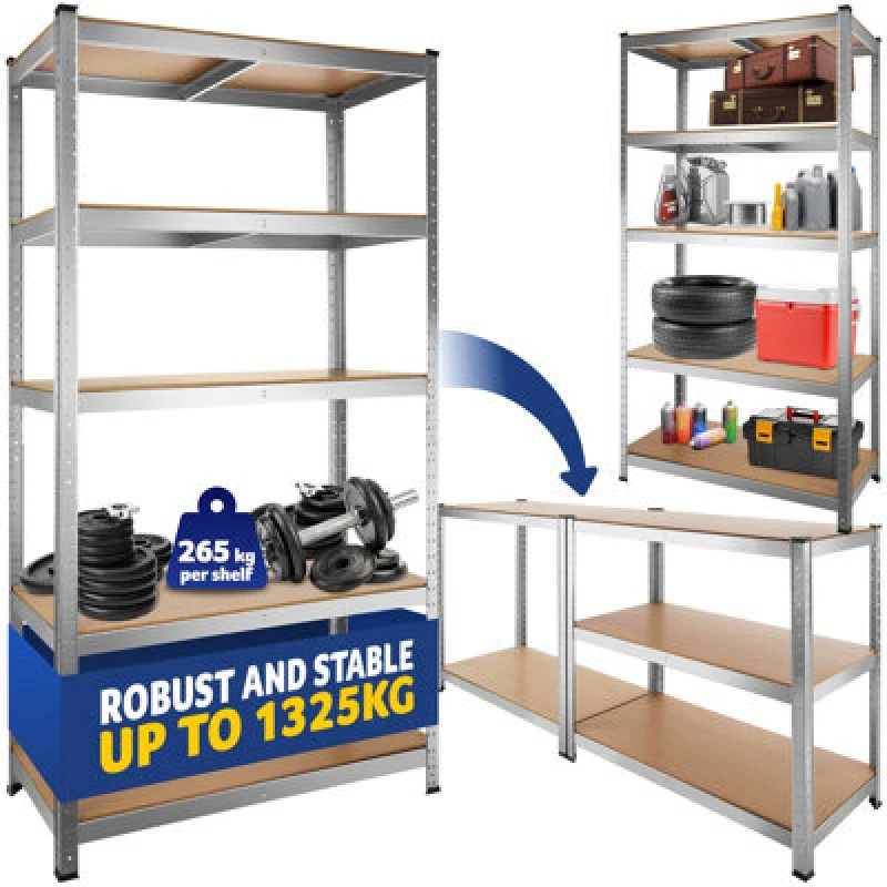 Image of Tectake Garage Shelving - Heavy-Duty Galvanised Steel Frame, Height-Adjustable Shelves - 90 X 45 X 180 Cm - 1325 Kg - Silver