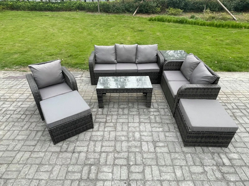 Image of Fimous High Back Rattan Garden Furniture Set with Loveseat Sofa Rectangular Coffee Table Side Table 2 Big Footstool Indoor Outdoor Patio Lounge Sofa S