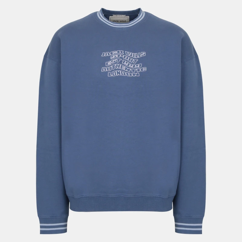 Image of Jack Wills Mens Tipped Graphic Cotton Long Sleeve Oversized Fit Crew Sweatshirt Steel Blue male S