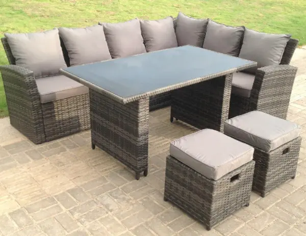 Image of Fimous 6 Seater Outdoor Dark Grey Mixed Rattan High Back Lounge Complete Sofa Set with Corner Sofa and 2 Stools