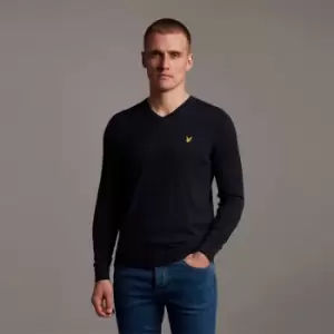 Image of Mens V Neck Cotton Merino Jumper - Dark Navy - M