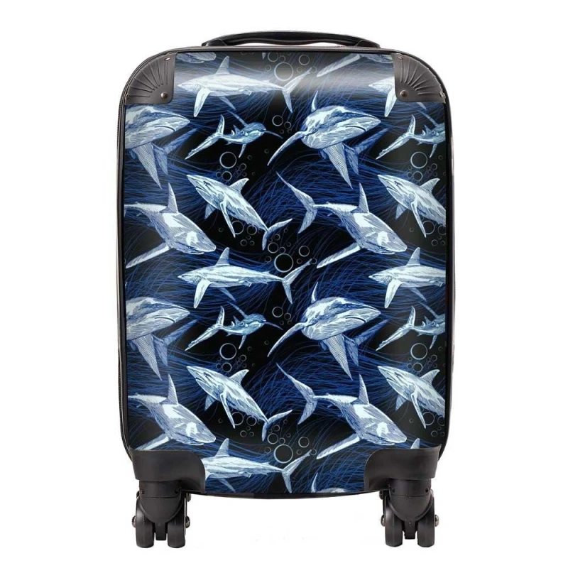 Image of Warren Reed - Designer Hand Drawn Shark Pattern Suitcase in Blue Size: Small Blue Unisex Small