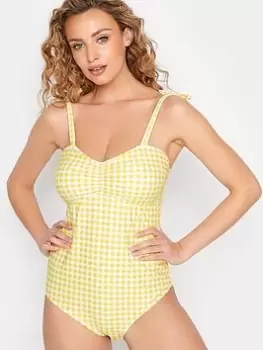 Image of Long Tall Sally Gingham Tie Shoulder Swimsuit - Yellow, Yellow, Size 16, Women