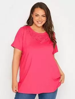 Image of Yours Broderie Anglaise Neckline T-Shirt - Hot Pink, Size 18, Women