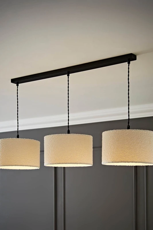 Image of ValueLights ValueLights Reni Cream Boucle Shade 3 Drop Bar Black Diner Ceiling Pendant Light Cream One Size Unisex 5059406062889