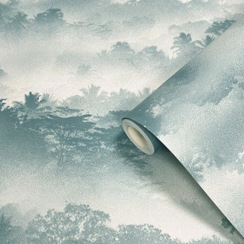 Image of Muriva Tropical Landscape Teal Wallpaper 10m x 53cm, Blue 188501