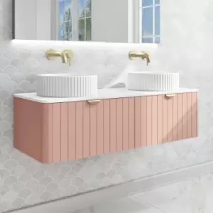 Image of 1200mm Pink Wall Hung Countertop Double Vanity Unit with Basins and Brass Handles - Empire