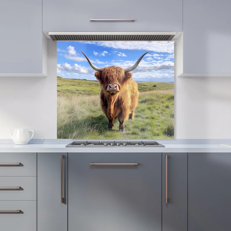 Image of Warren Reed - Designer Highland Cow In Summer Kitchen Splashback Size: 900mm x 750mm Multicolor Unisex 900mm x 750mm