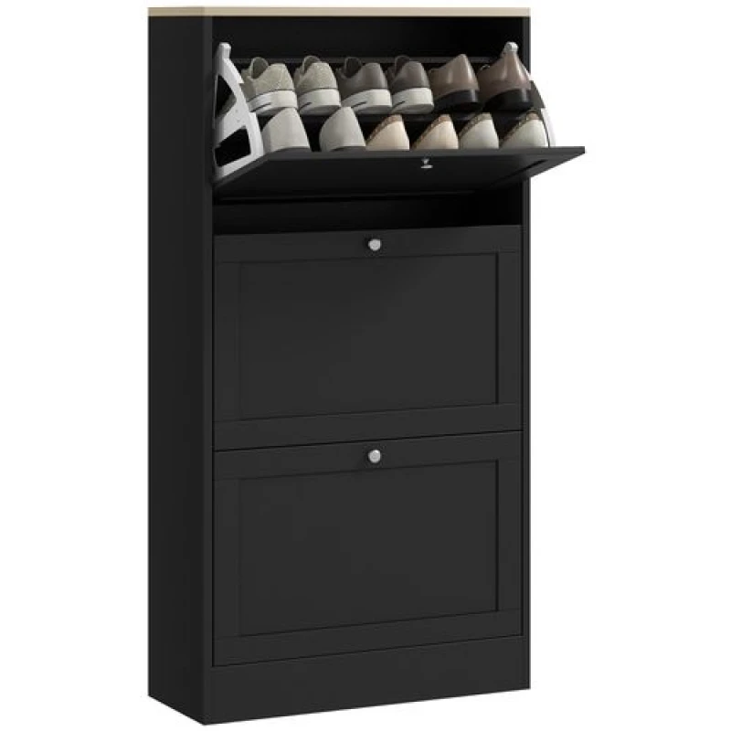 Image of HOMCOM Slim Shoe Storage Cabinet with 3 Flip Drawers and Adjustable Divider Black