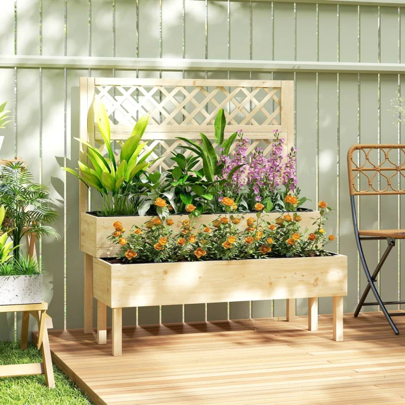 Image of OUTSUNNY 2-Tier Raised Garden Bed with Trellis for Climbing Plants in Natural Natural Unisex