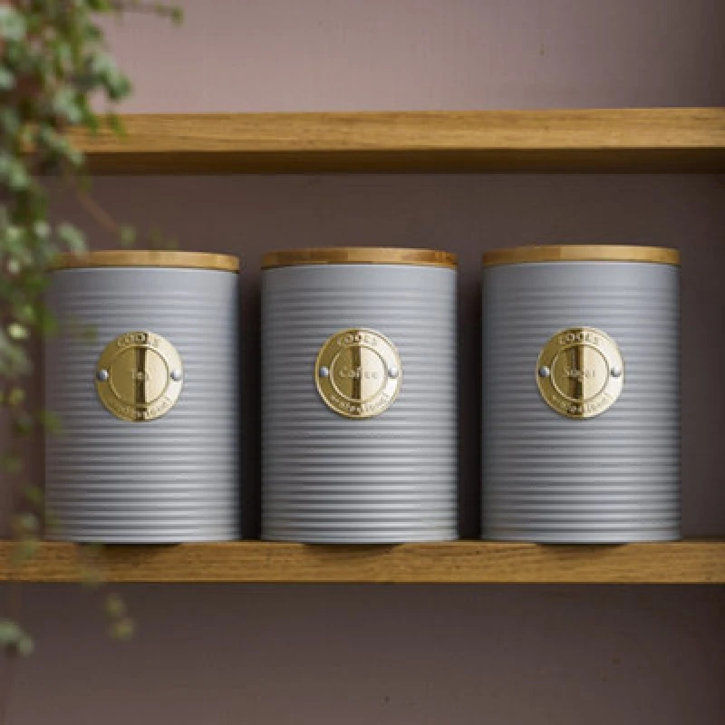 Image of Cooks Professional 3 Piece Tea, Coffee & Sugar Ribbed Canister Set With Bamboo Lids - Kitchen Storage Bins - Grey & Gold