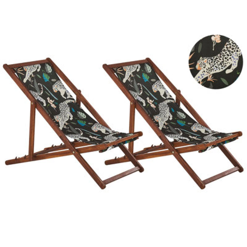 Image of BELIANI Beliani - Set of 2 Folding Deck Chairs Sun Loungers Dark Acacia / Animal Pattern Anzio 311794
