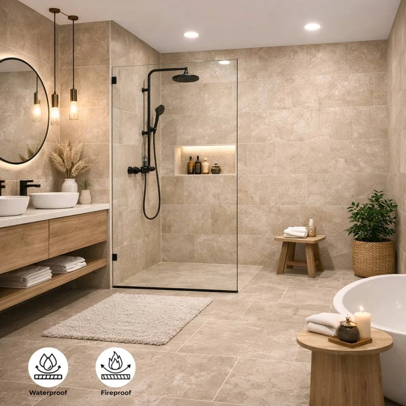 Image of ENER-J BRITWALL Concrete Beige PVC Shower Panel - 2.4m x 1m x 10mm Beige Unisex