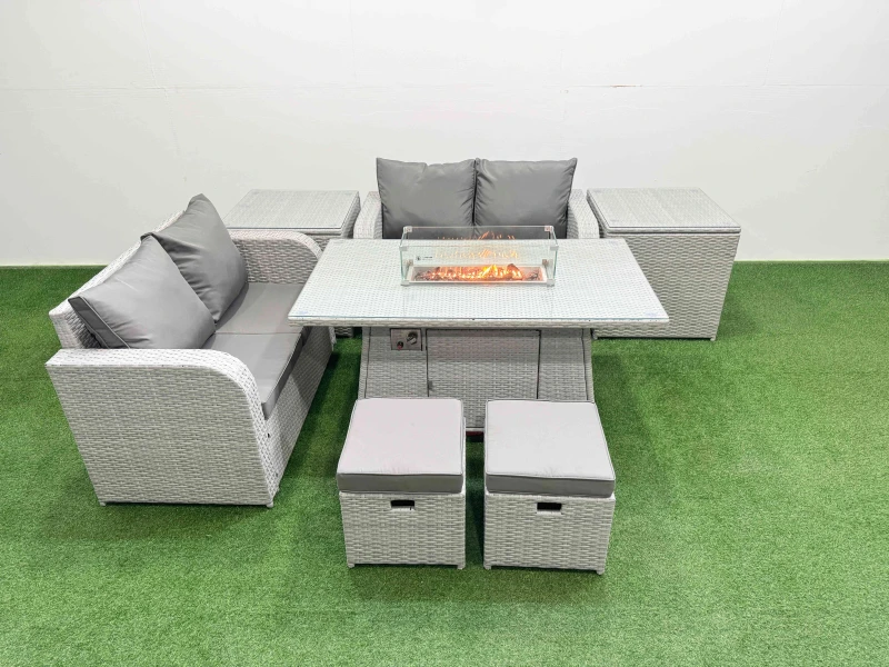 Image of Fimous 6 Seater Outdoor Love Sofa Set Rattan Garden Furniture Set with Firepit Dining Table 2 Small Stools 2 Side Tables Light Grey Light Grey